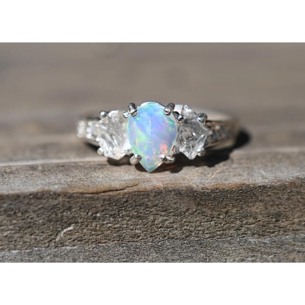 Engagement ring crystal wedding ring, Ethiopian opal  sterling silver size 3 4 5 - Picture 3 of 8